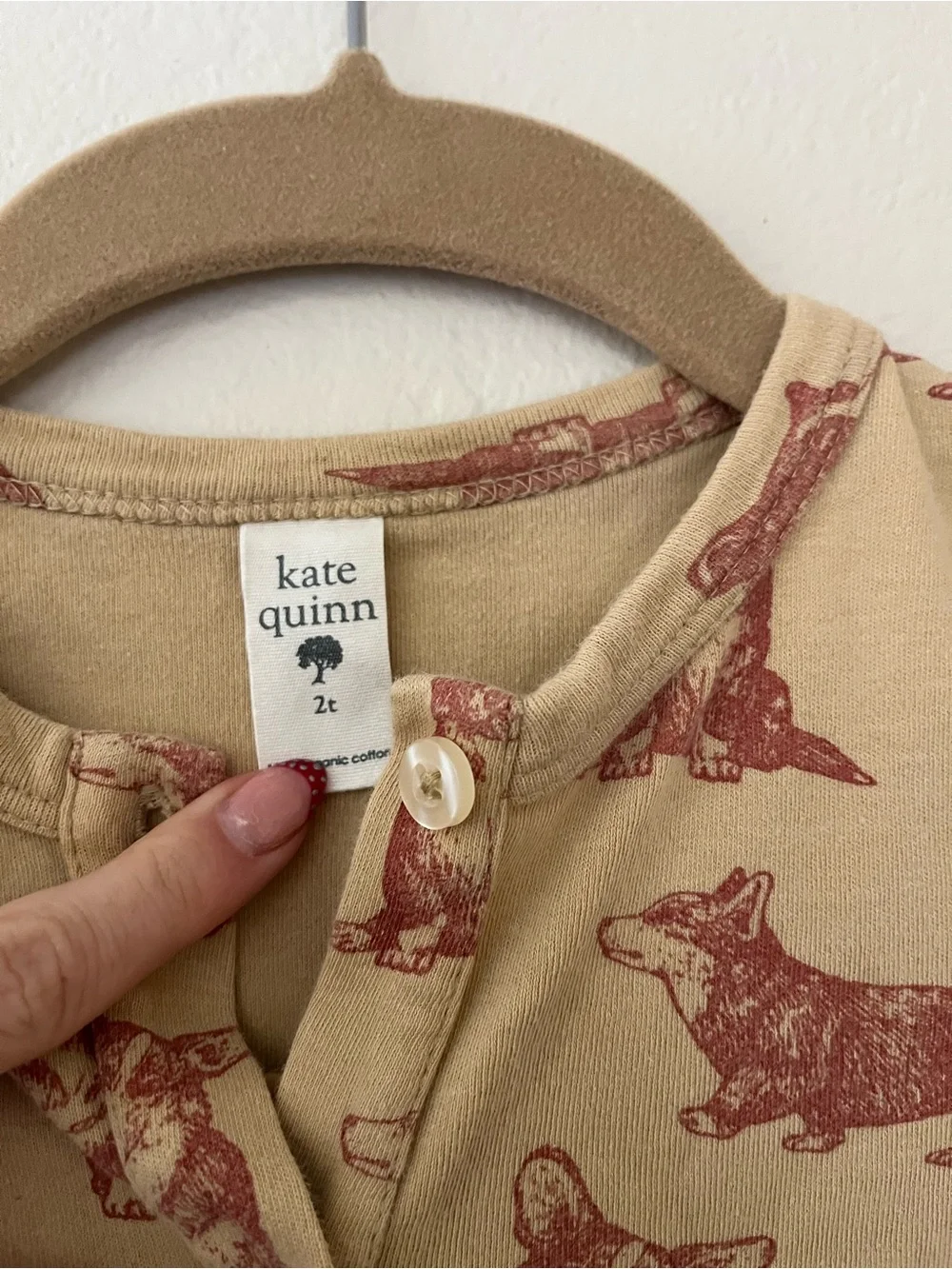 kate quinn Tan One-Piece Romper with Rust Corgi Print